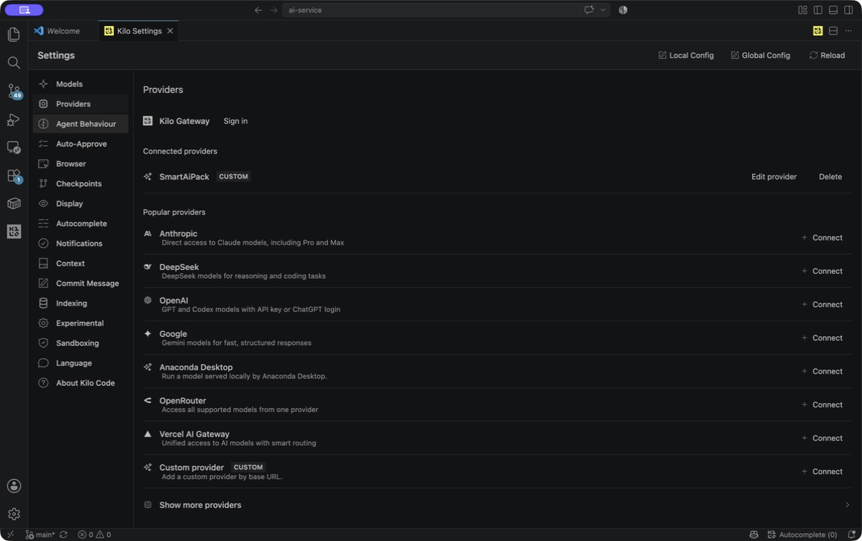 В разделе Providers выберите Custom provider и нажмите Connect